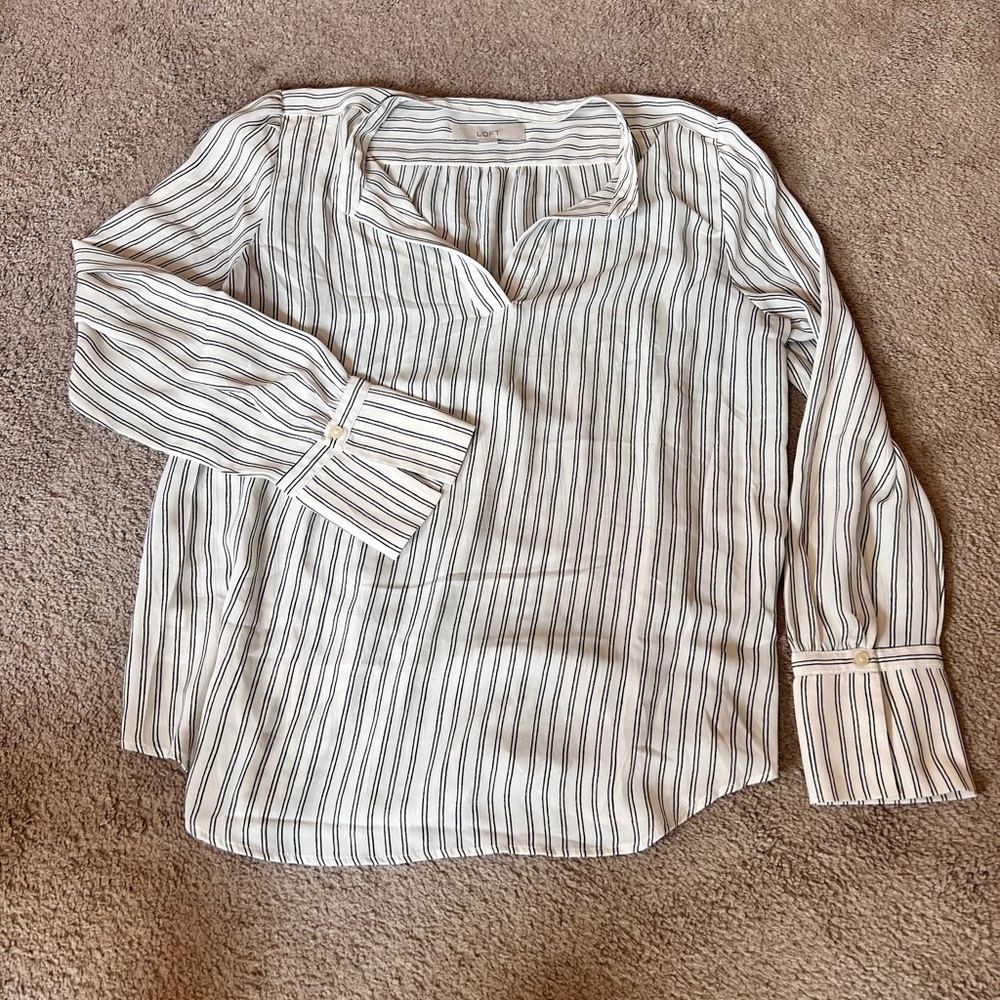LOFT Black and White Striped Button Down Shirt